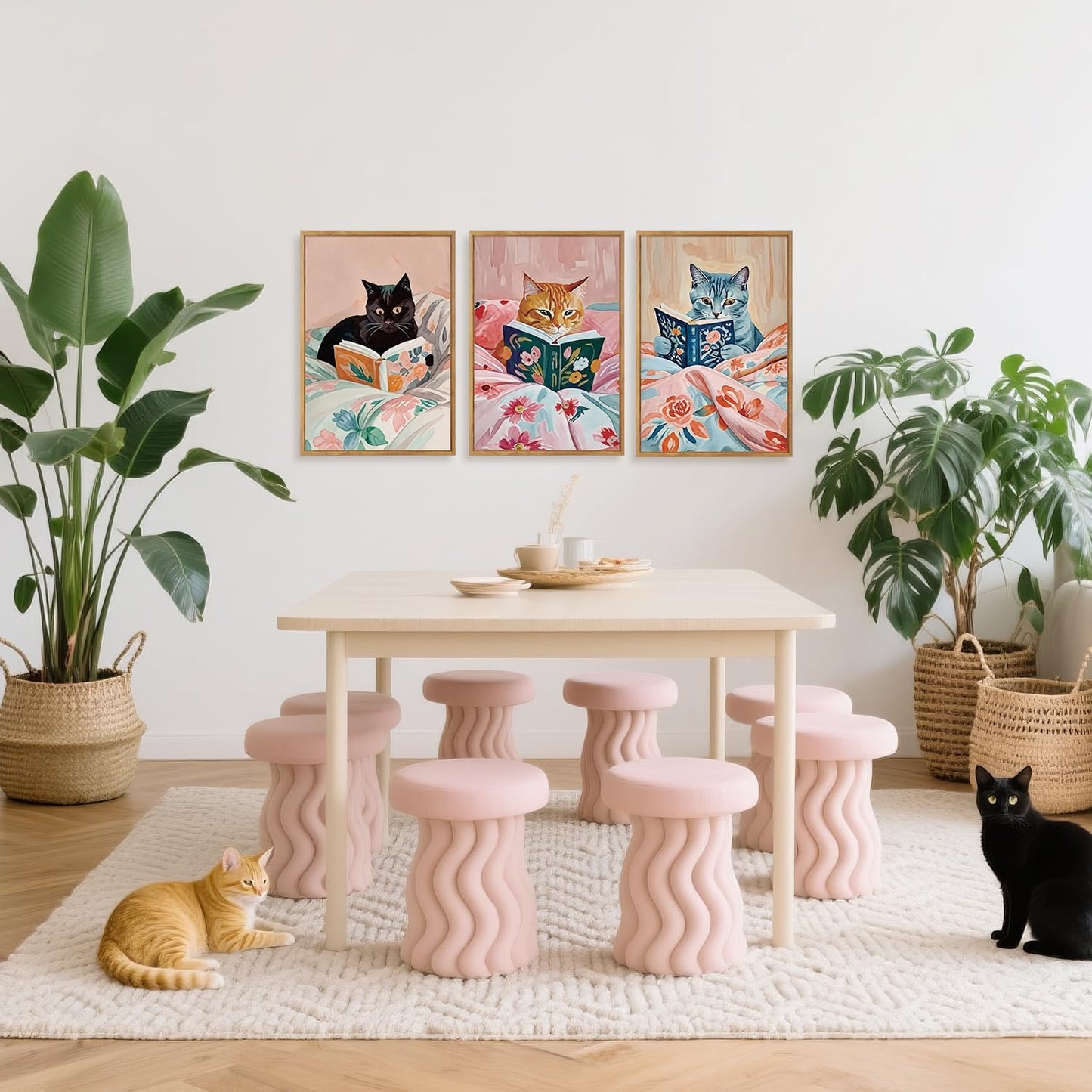 HPNIUB Framed Vintage Black Cats Canvas Wall Art, Funny Animal Reading Books Poster Printing Pictures, Pink Cute Cat Lovers Wall Decor for Girls Room Bedroom Kids Room Living Room Classroom- 24 x36 x3