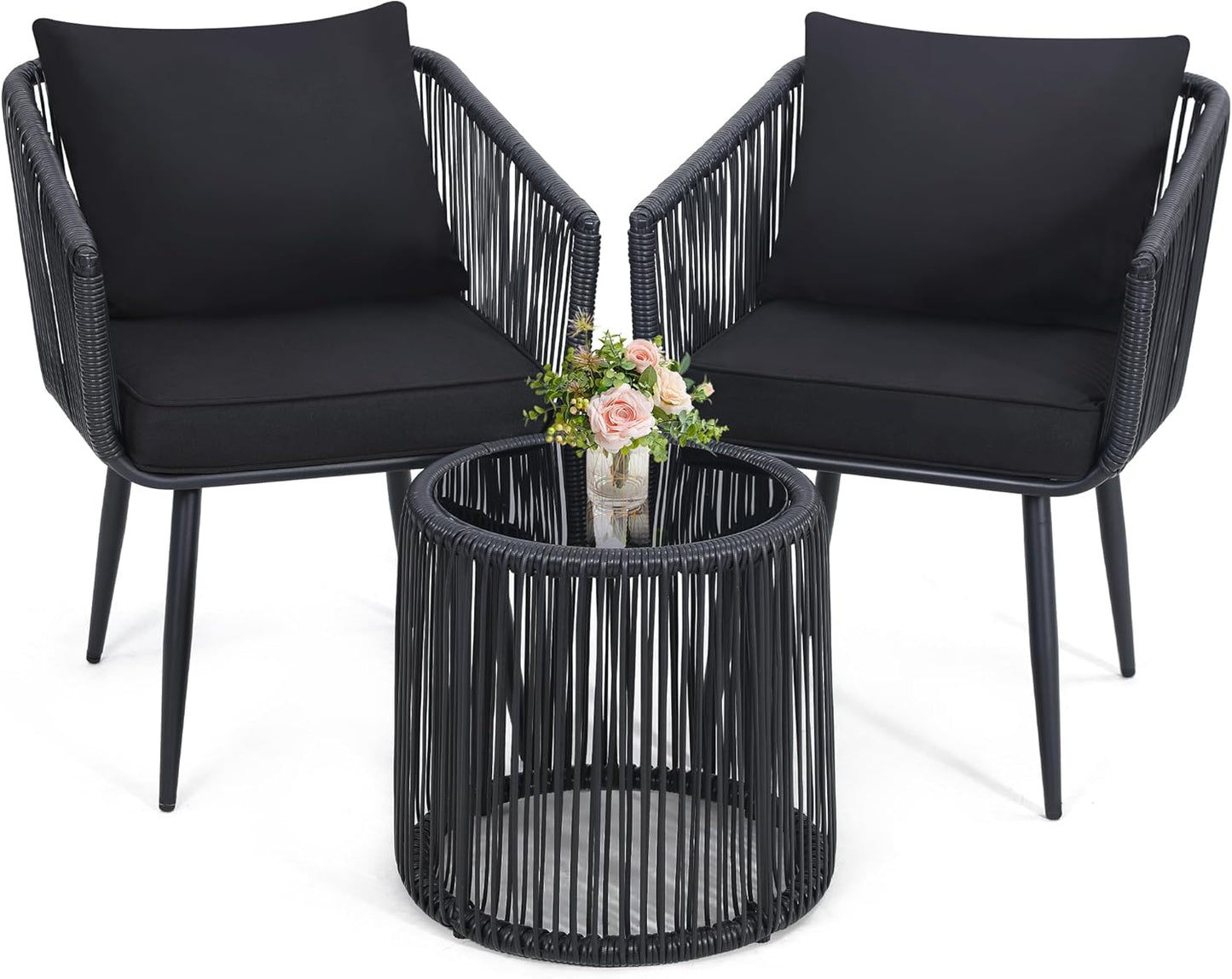 Kromax 3 Pieces Patio Rattan Bistro Conversation Set, Outdoor All-Weather Wicker Furniture Chairs and Side Table Set Ideal for Balcony, Porch and Backyard, Black