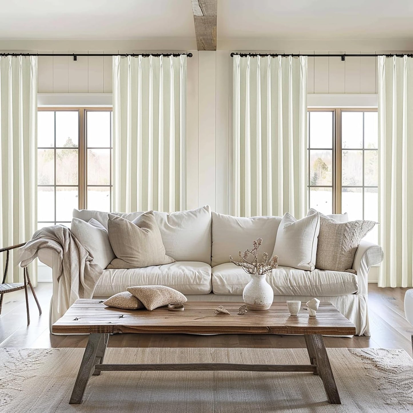 Cream White Viral Blackout Canvas Curtains 100 Inches Long 2 Panels Set for Bedroom, Neutral Pinch Pleated Linen Heavy Thermal Curtains for Winter Room Darkening Insulated Window Drapes 40x100 Inch