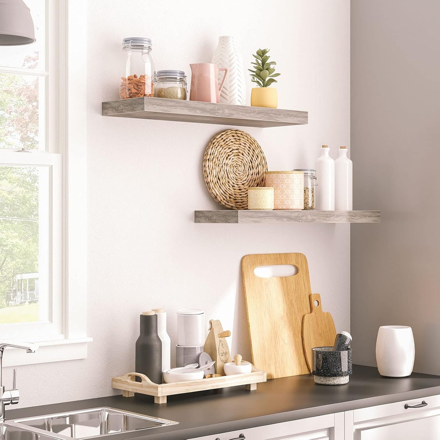 HOOBRO Floating Shelves, Wall Shelf Set of 2, 23.6 Inch Hanging Shelf with Invisible Brackets, for Wall Decor in Bathroom, Bedroom, Toilet, Kitchen, Living Room, Office, Greige BG60BJ01G1