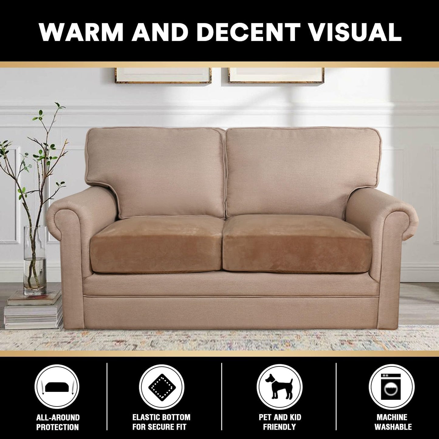 PrinceDeco Velvet Couch Cushion Cover Soft Stretch Cushion Slipcover for Chair Loveseat Sofa Cushion Furniture Protector Seat Cushion Sofa Cover (2 Piece Large Sofa Cushion Covers, Camel)