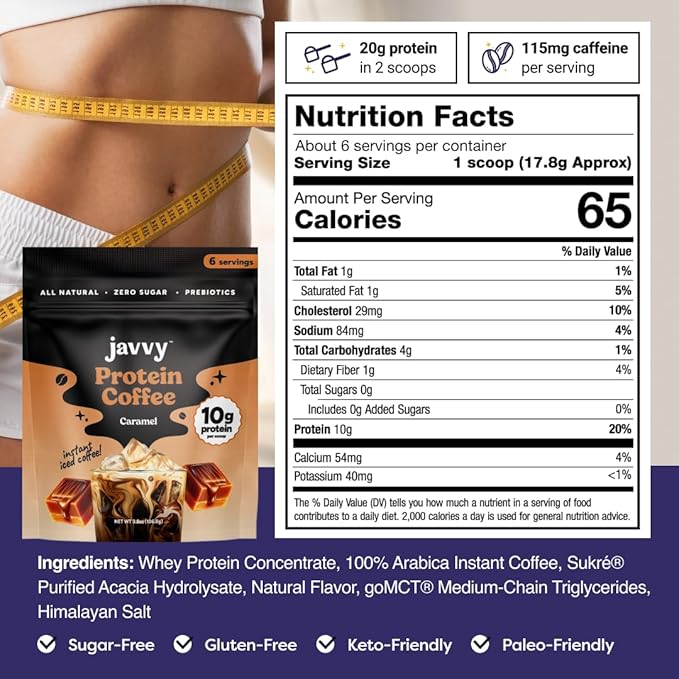 Javy Caramel Protein Coffee - Premium Whey Protein & Instant Iced Coffee - 100% Arabica Coffee - Zero Artificial Flavors & Sweeteners, 6 Servings