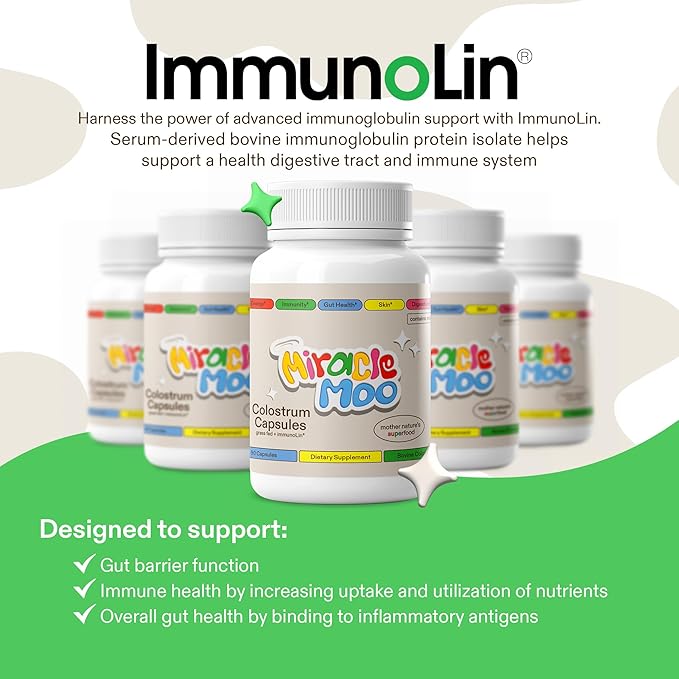 Colostrum Supplement for Gut Health, Hair Growth, Beauty and Immune Support - Easy to Mix Grass Fed Bovine Powder - Highest IgG Plus ImmunoLin (30 Servings (Capsules))