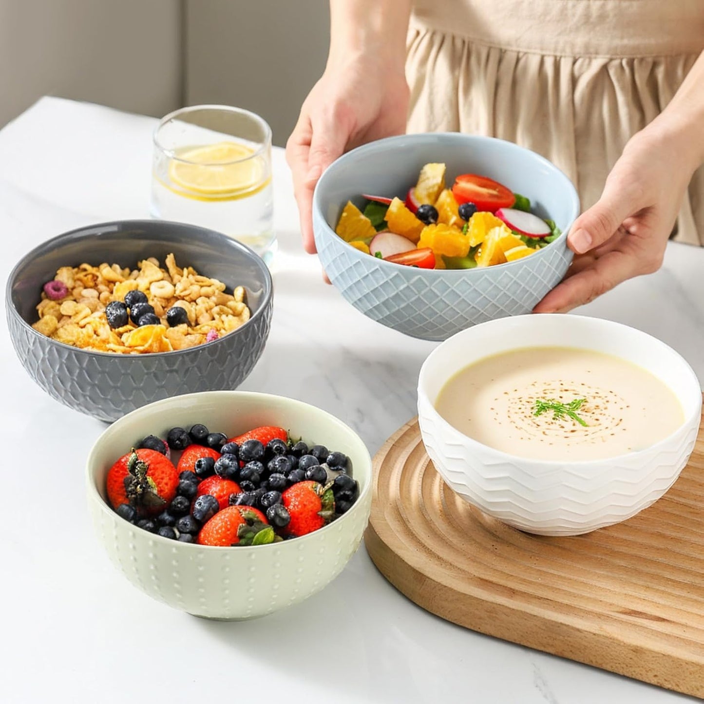 Hasense Soup Bowls 26 OZ, Ceramic Bowls Set of 4 for Kitchen, Embossed Stoneware Porcelain Cereal Bowls for Soup, Cereal, Oatmeal, Fruit, Salad, Noodle and Rice, Microwave Dishwasher Safe, Multi-color