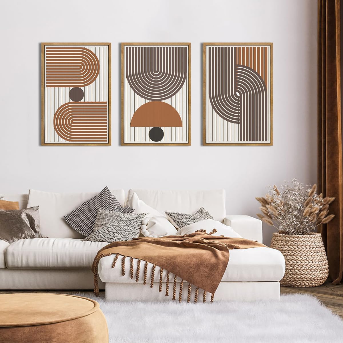 Mid Century Boho Modern Wall Art Set Abstract Geometric Wooden Wall Decor Minimalist Line Neutral Artwork Mid Century Wood Art Decor for Living Room Bedroom Office-16x24Inch x3