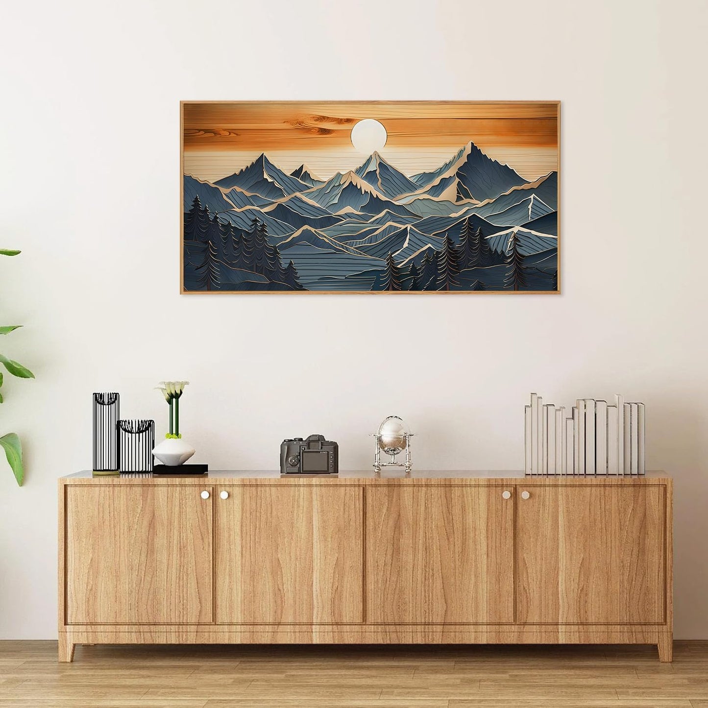 Tinonedraw Metal Mountain Framed Canvas Wall Art, Boho Mountains Forest Artworks, Mid Century Modern Blue Ridge Wall Decor, Vintage Nature Sunset Art Print for Living Room Bedroom Office 20"x40"