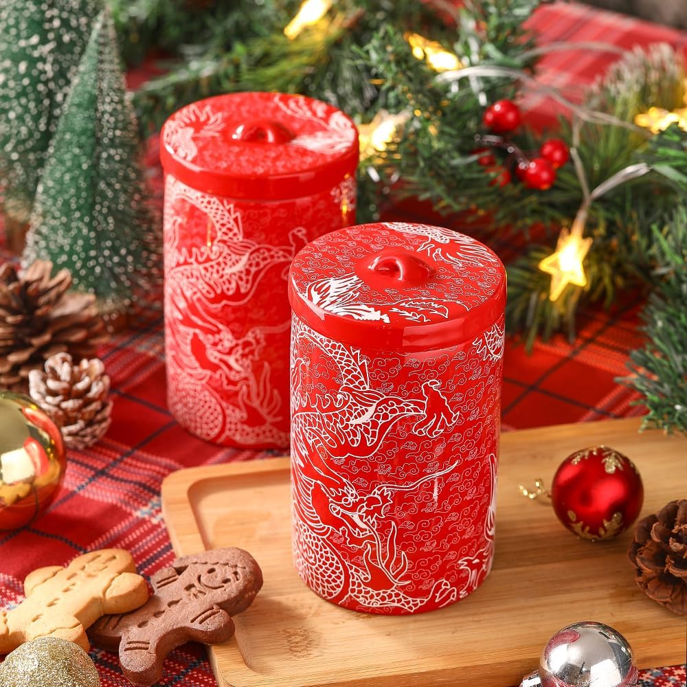 Porlien Chinese Dragon Porcelain 15-ounce Canisters Set of 2, Food Storage Containers with Lid for Coffee Beans, Tea, Condiments & Nuts