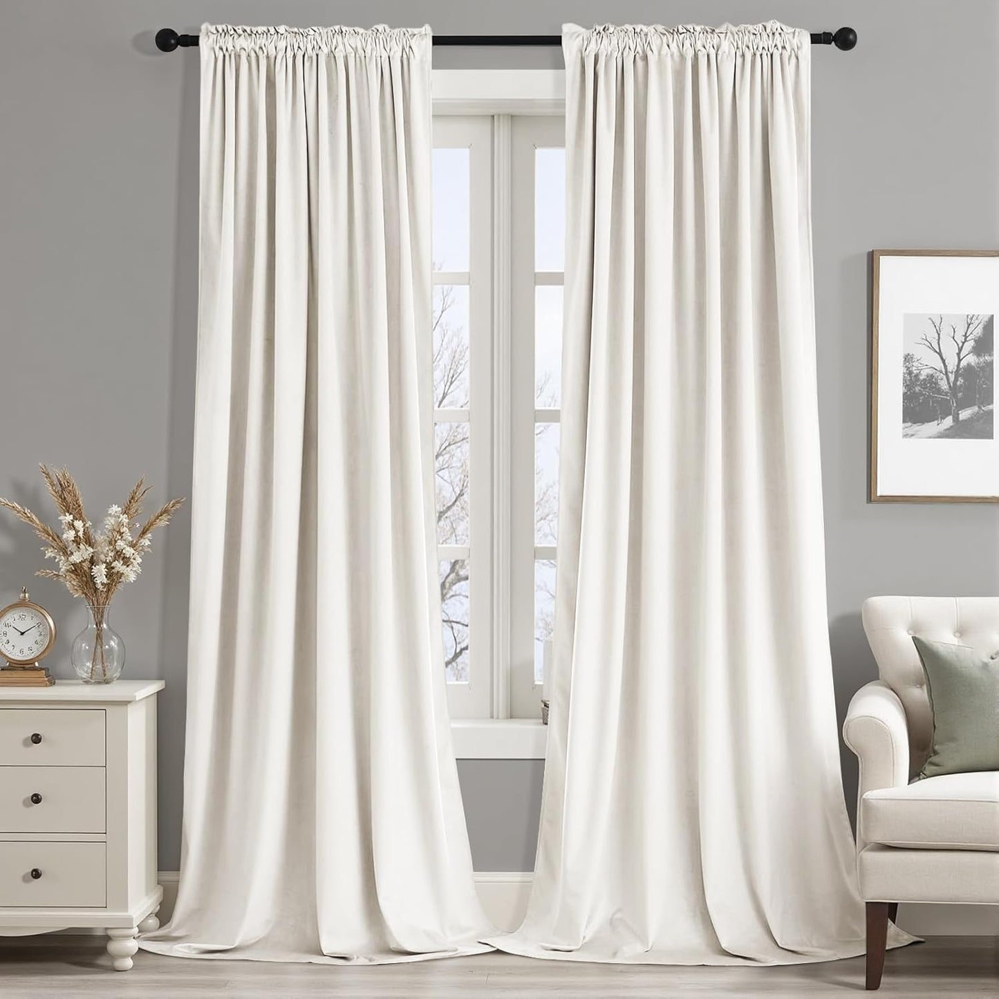 MIULEE Ivory Velvet Curtains Thermal Insulated Blackout Curtain Drapes for Bedroom Living Room Darkening 96 Inches Long Curtains Panels Rod Pocket Set of 2