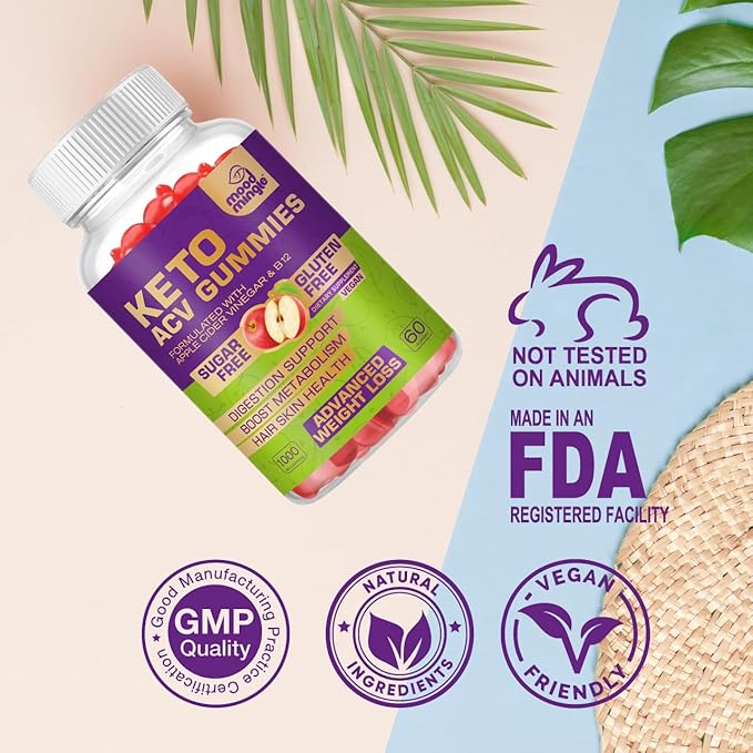 Keto ACV Gummies Gluten & Sugar-Free Apple Cider Vinegar Gummies for Advanced Weight Loss - Rapid Fat Burner Diet Supplement for Women Men - 60 Gummies (1000MG)