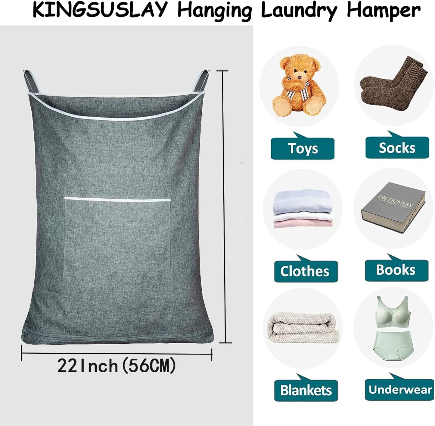 XL Door Laundry Hamper, Hanging Hamper with Large Openging, Hanging Laundry Hamper Storage Bag,Door hampers for Laundry of Home, Dorm, or Travel(Heather Grey, 36x22 Inch)