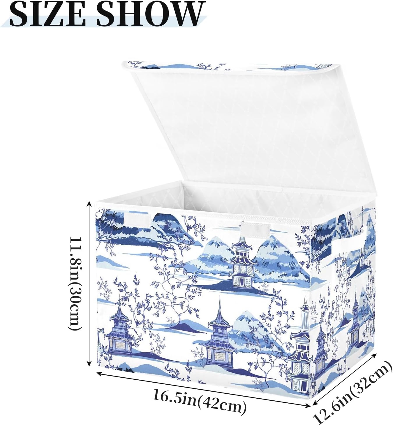 susiyo Ink Chinoiserie Pagodas Storage Bin Large Collapsible Storage Box Stackable design Fabric Storage Bins with Lids Decorative Multi-Color Foldable Organizing Baskets For Closet