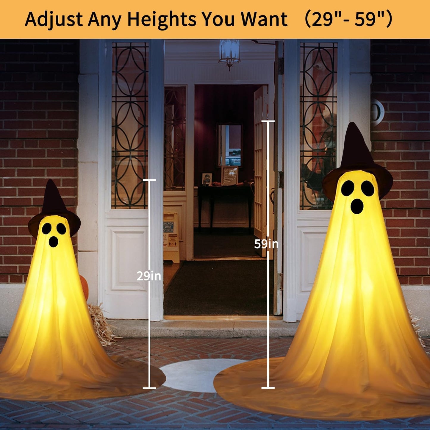 2 Packs Halloween Ghost Outdoor Decorations, 59โ Light Up Ghost Decor with Remote Control, Adjustable Height Standing Halloween Lighted Ghost Kit with Witch Hat Ideal for Porch, Garden, Yard
