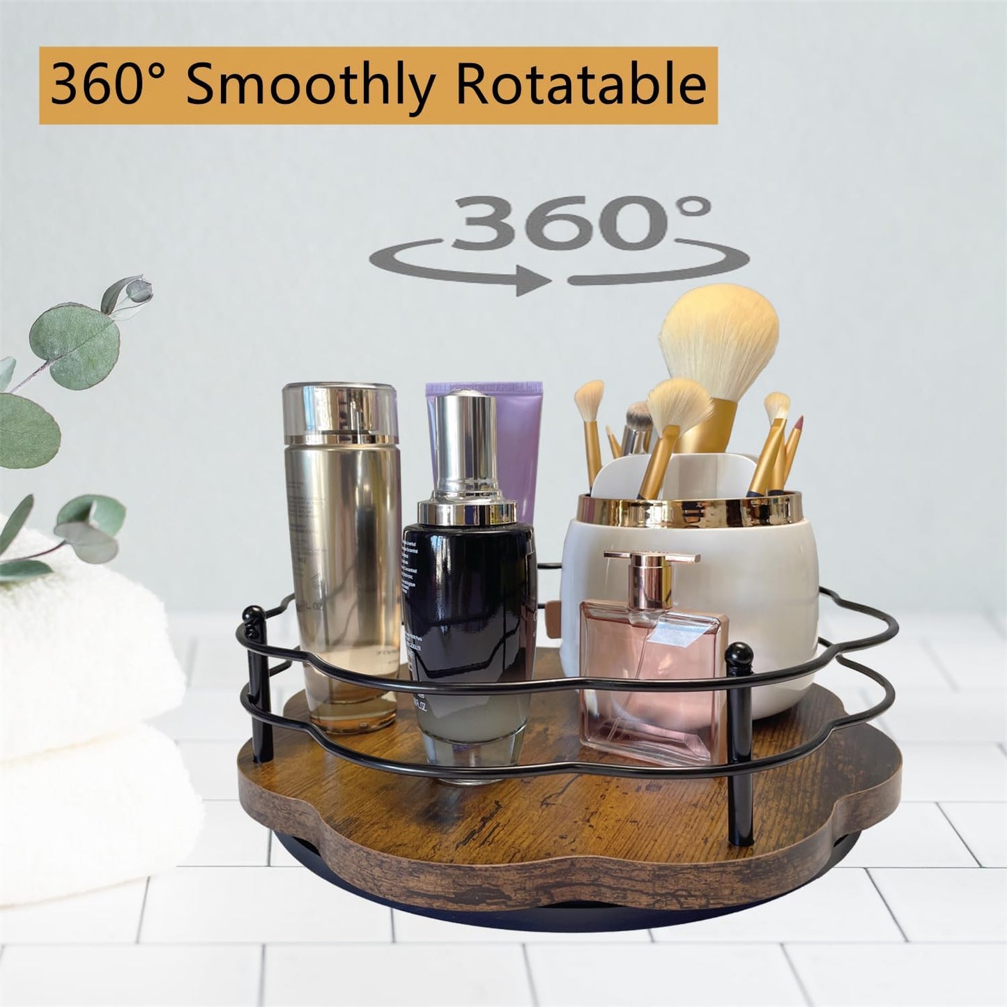 13" Lazy Susan Turntable Organizer with Higher Metal Sides, 360ยฐ Rotating Wooden Lazy Susan Organization and Storage for Cabinet,Kitchen,Countertop,Table Top,Dining Table,Coffee Bar Decor