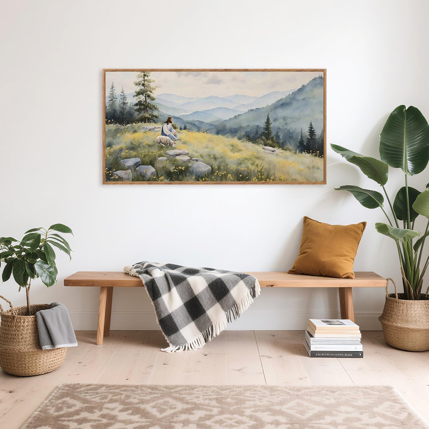 Aurlan Christian Jesus with Lost Sheep Wall Art(40"x20"), Boho Religious Lamb The Good Shepherd Psalm 23 Canvas Artwork, Large Abstcat Watercolor Vintage Nature Landscape Bible Story Decor for Home Dining Room Christ Gift