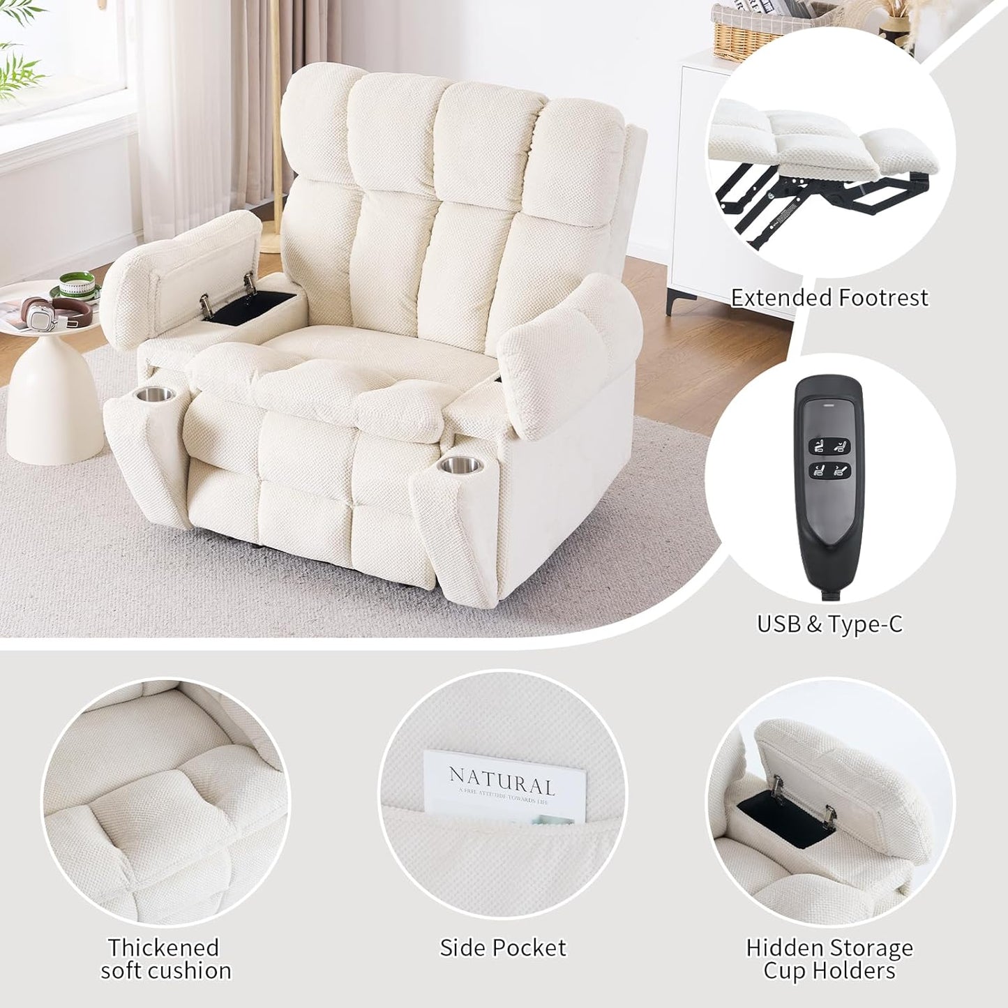 Dual Motor Power Lift Recliner Chair for Elderly,Electric Lift Chair with Adjustable Headrest, Heat and Massage,Lay Flat Recliner with Storage, Cup Holders,USB Ports,Type C,Zero Gravity, Beige