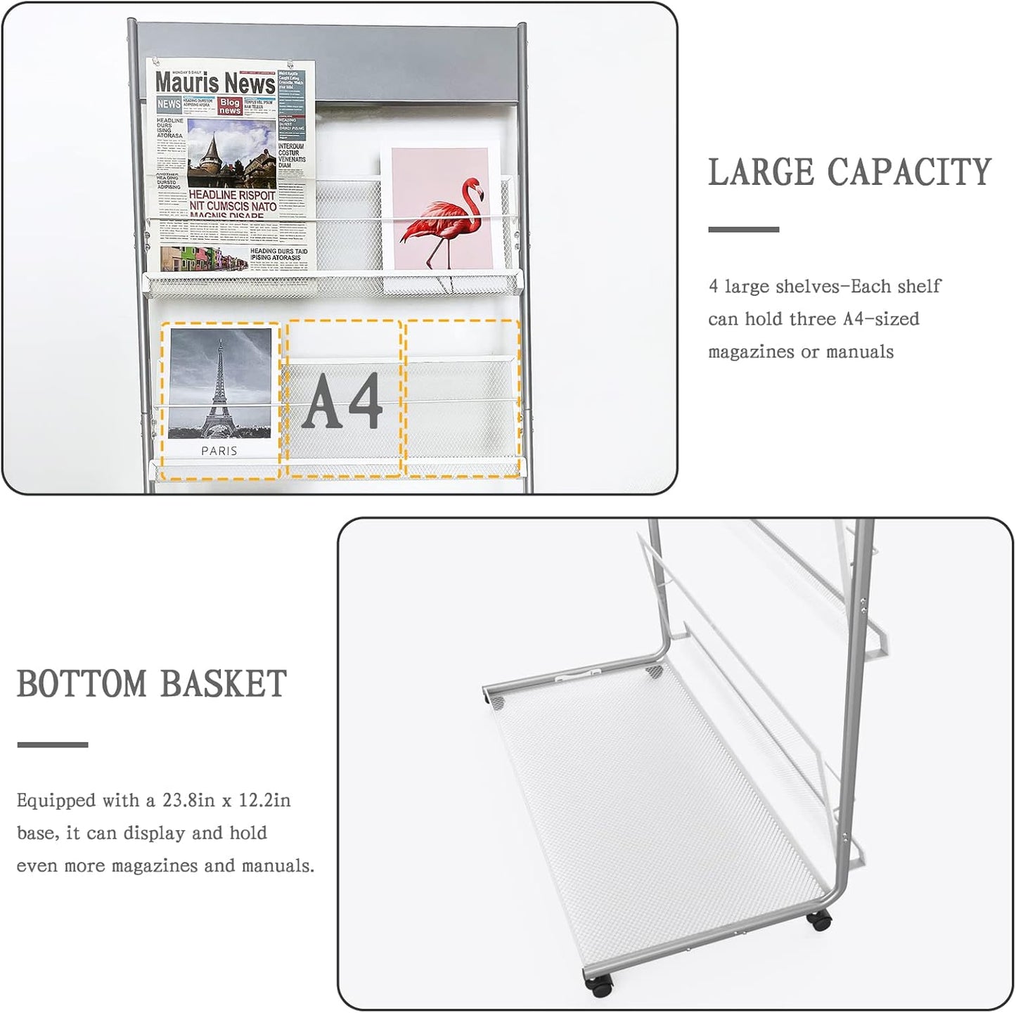 TONGMO Floor-Standing Magazine Rack 4-Layer with Wheels, Brochure Display Stand, High-hardness metal for Exhibitions, Office, and Any Organization Requiring Information Display (Silver)