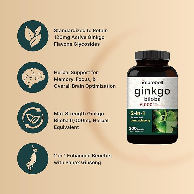 NatureBell Ginkgo Biloba 6,000mg with Panax 500mg Per 300 Capsules
