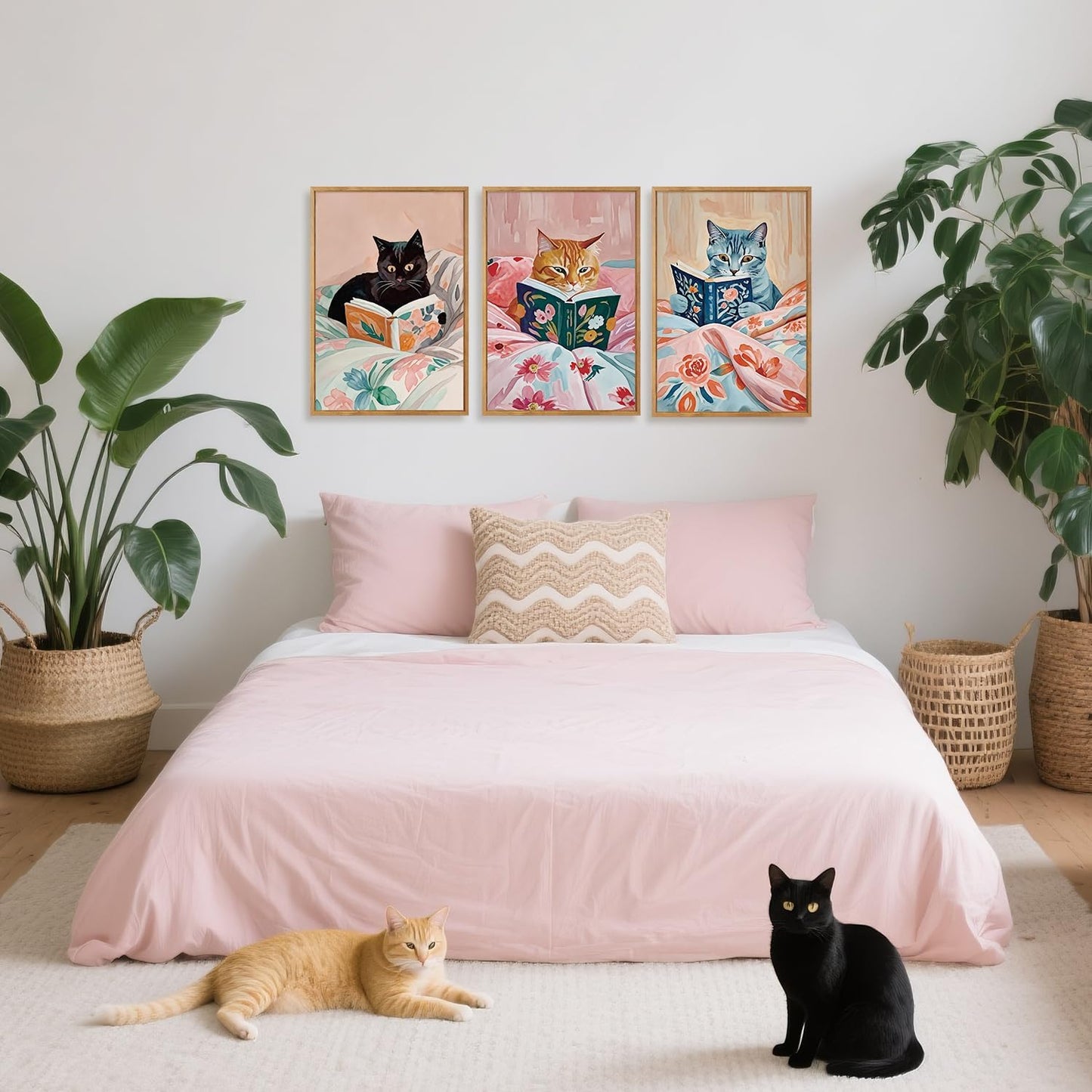 HPNIUB Framed Vintage Black Cats Canvas Wall Art, Funny Animal Reading Books Poster Printing Pictures, Pink Cute Cat Lovers Wall Decor for Girls Room Bedroom Kids Room Living Room Classroom- 16 x24 x3