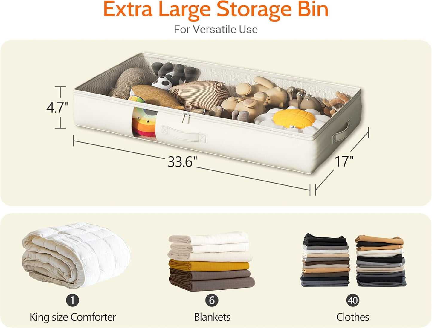 Under Bed Storage Containers with Window, Closet Organizers and Storage Bags, Foldable Underbed Storage Bags for Blankets, Clothing, Comforter, Linen Sheets, Wrapping Paper, 3 Pack, White Ivory