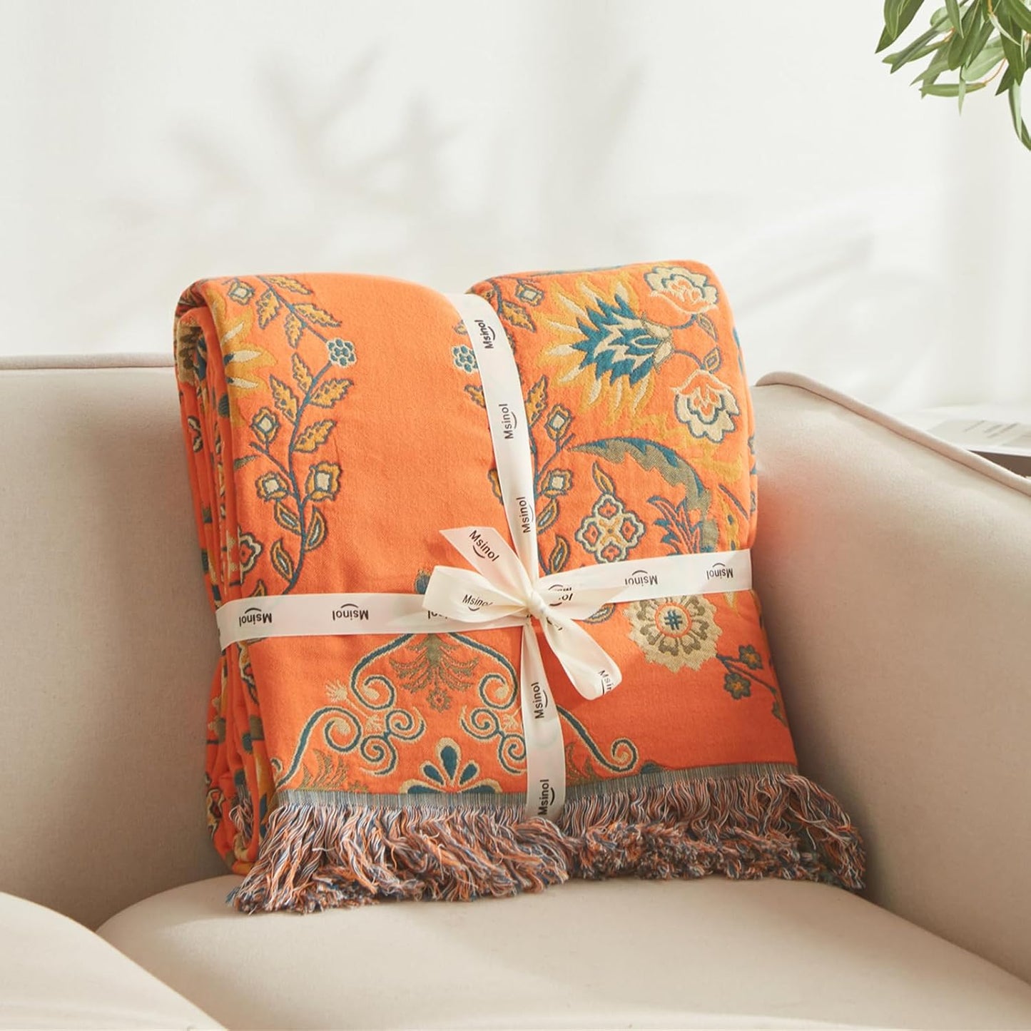 Colorful Throw Blanket Ultra Soft Cotton Orange Decorative Throw All Season Rustic Reversible Bohemian Throw Quilt Farmhouse Decoration(60"x80",04-Garland)