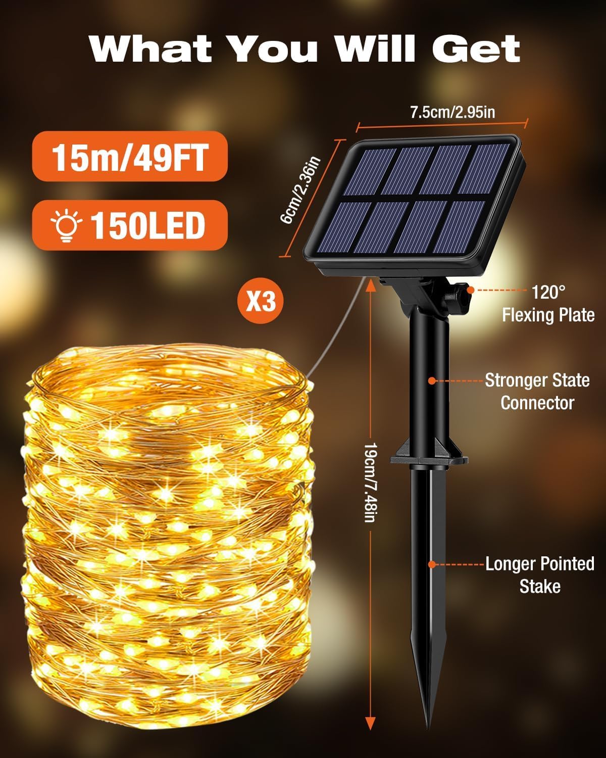 3 Pack Solar Fairy Lights for Outside Waterproof, Total 147FT 450 LED Solar String Lights Outdoor 8 Modes Solar Twinkle Lights for Garden Yard Christmas Tree Wedding Party Decor, Warm White