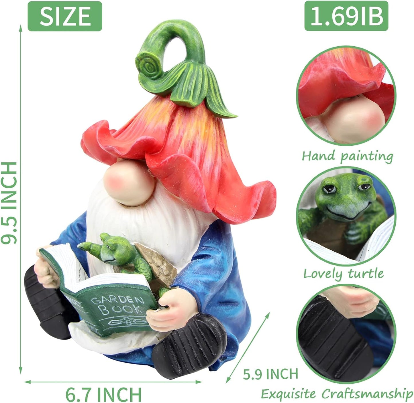 Garden Gnome Statue-Resin Gnome Figurine Hugging Turtle Reading Book with Solar LED Lights,Outdoor Summer Decorations for Patio Yard Lawn Porch,Garden Ornament Gift