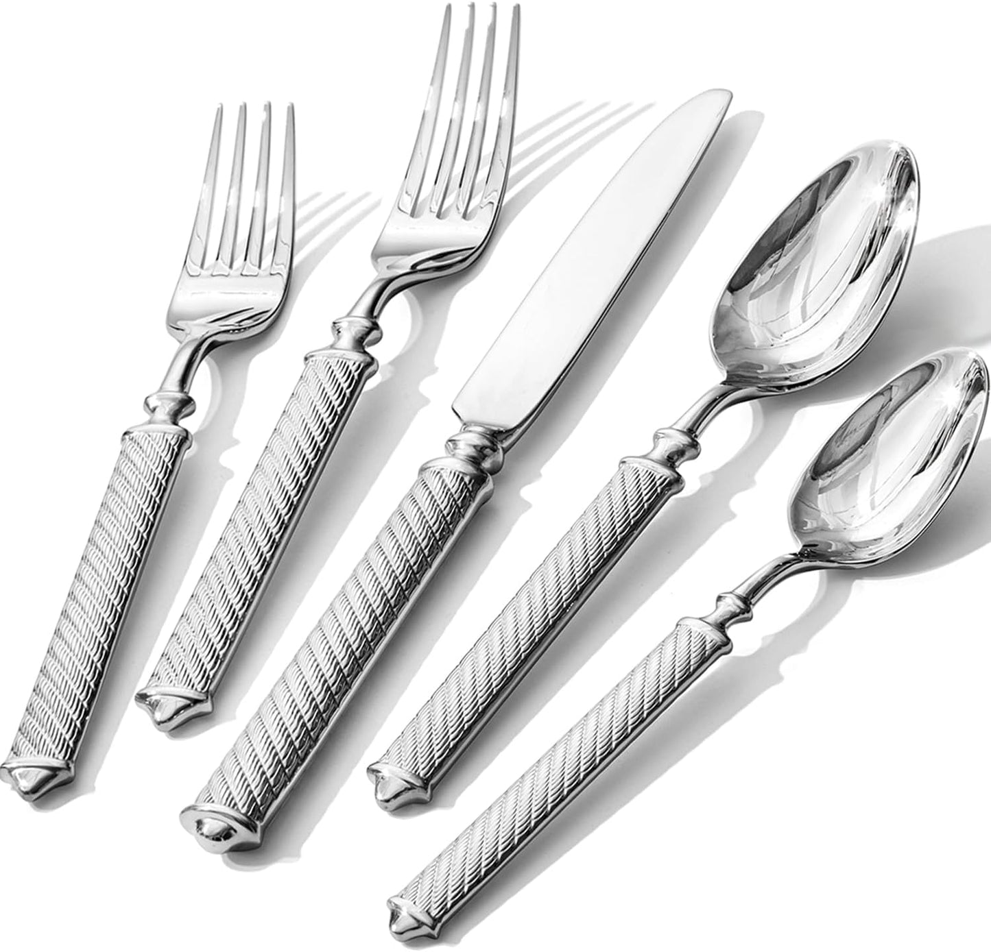 KINGSTONE Retro Rope-Pattern Silverware Set, 40-Piece Flatware Set Cutlery Set Forged with Handcrafted Texture Handles 18/10 Stainless Steel, Dishwasher Safe