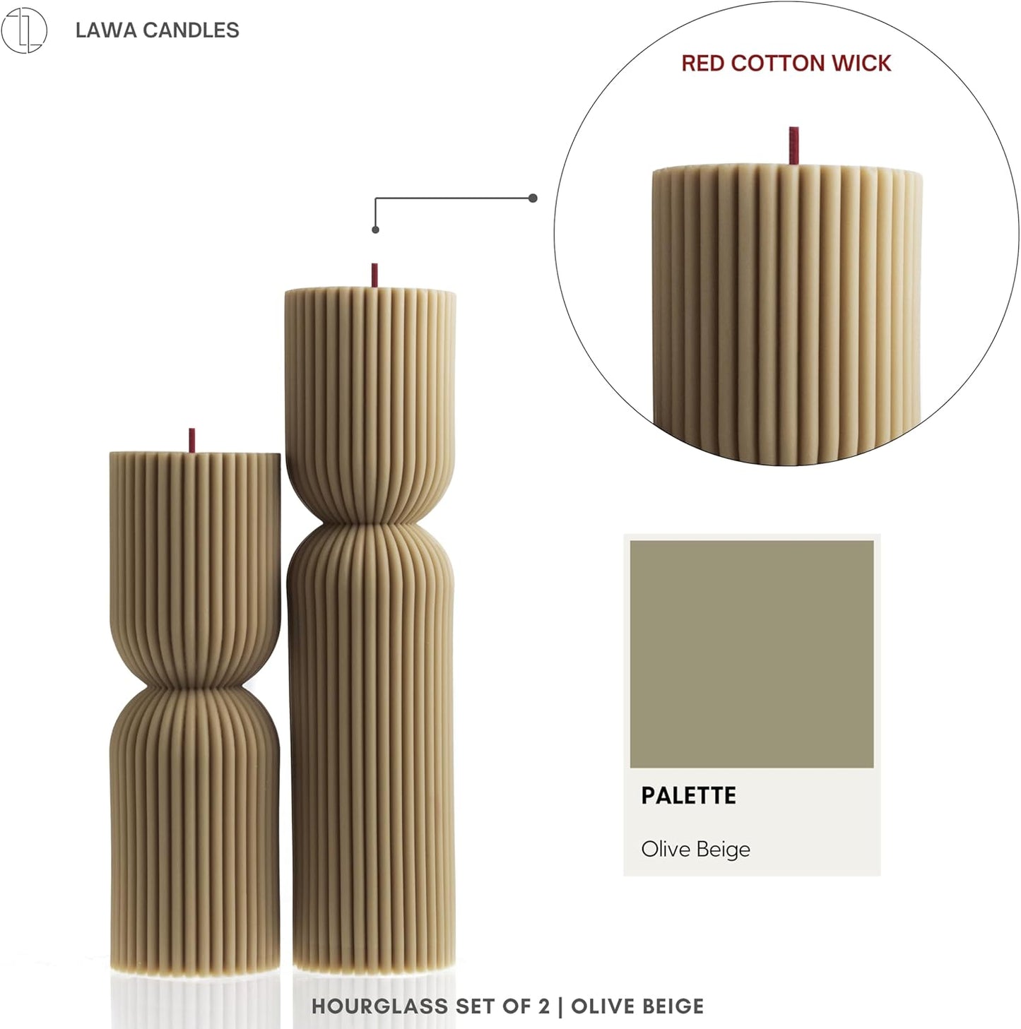 LAWA Hourglass Pillar Candle - Large Beautiful Handmade Pillar Scented Soy Wax Candle Elegant Bubble Aesthetic Candle Housewarming Gift Home Room Shelf Decor Idea Olive Beige (Set of 2)