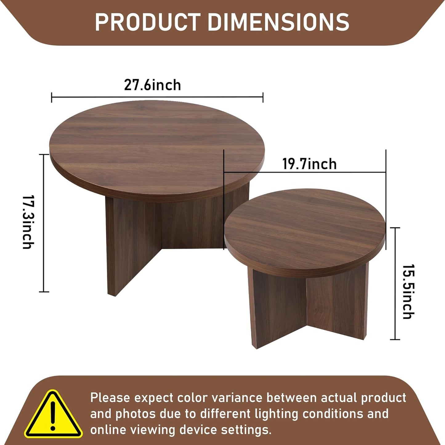 Round Nesting Coffee Tables Set of 2, Modern Stacking Table with Wood Grain Finish, End Table Side Tables for Living Room (Walnut)