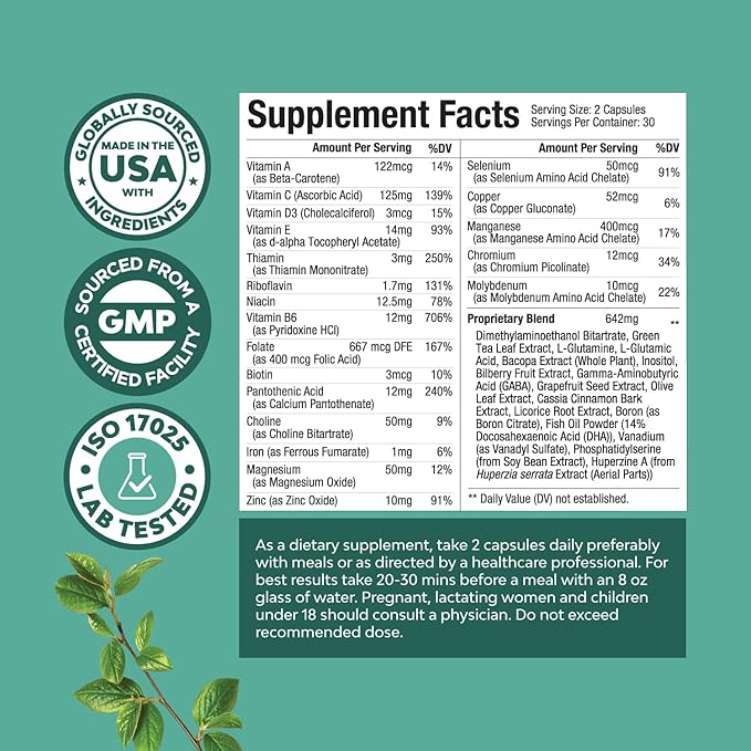 Advanced Brain Supplement for Memory and Focus - Nootropics Brain Support Supplement with Memory and Focus Vitamins for Adults of All Ages - Memory Supplement for Brain Fog Clarity Energy and Recall