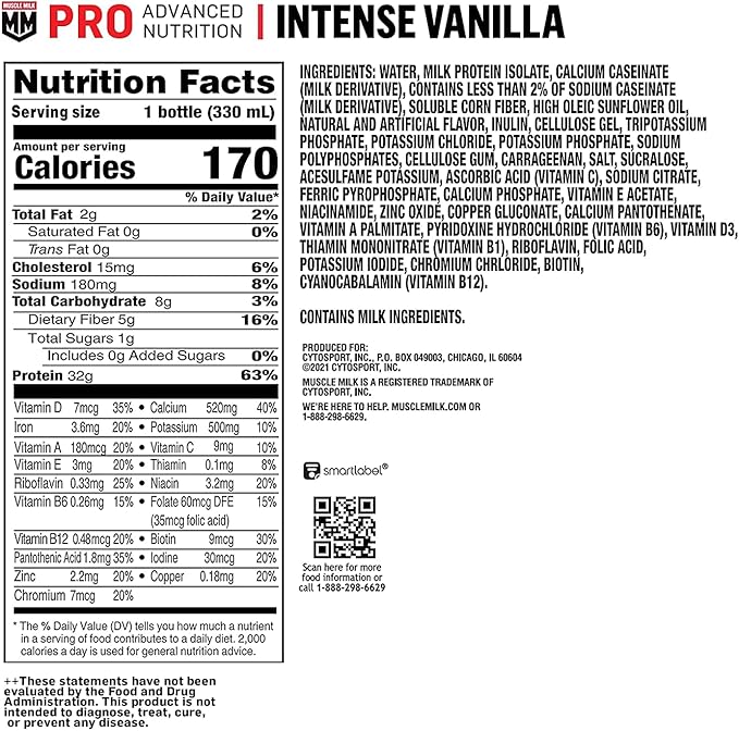 Muscle Milk Pro Advanced Nutrition Protein 11.16 Fl 12), 32g 32g Protein, 1g Sugar, 16 Vitamins 5g Fiber,