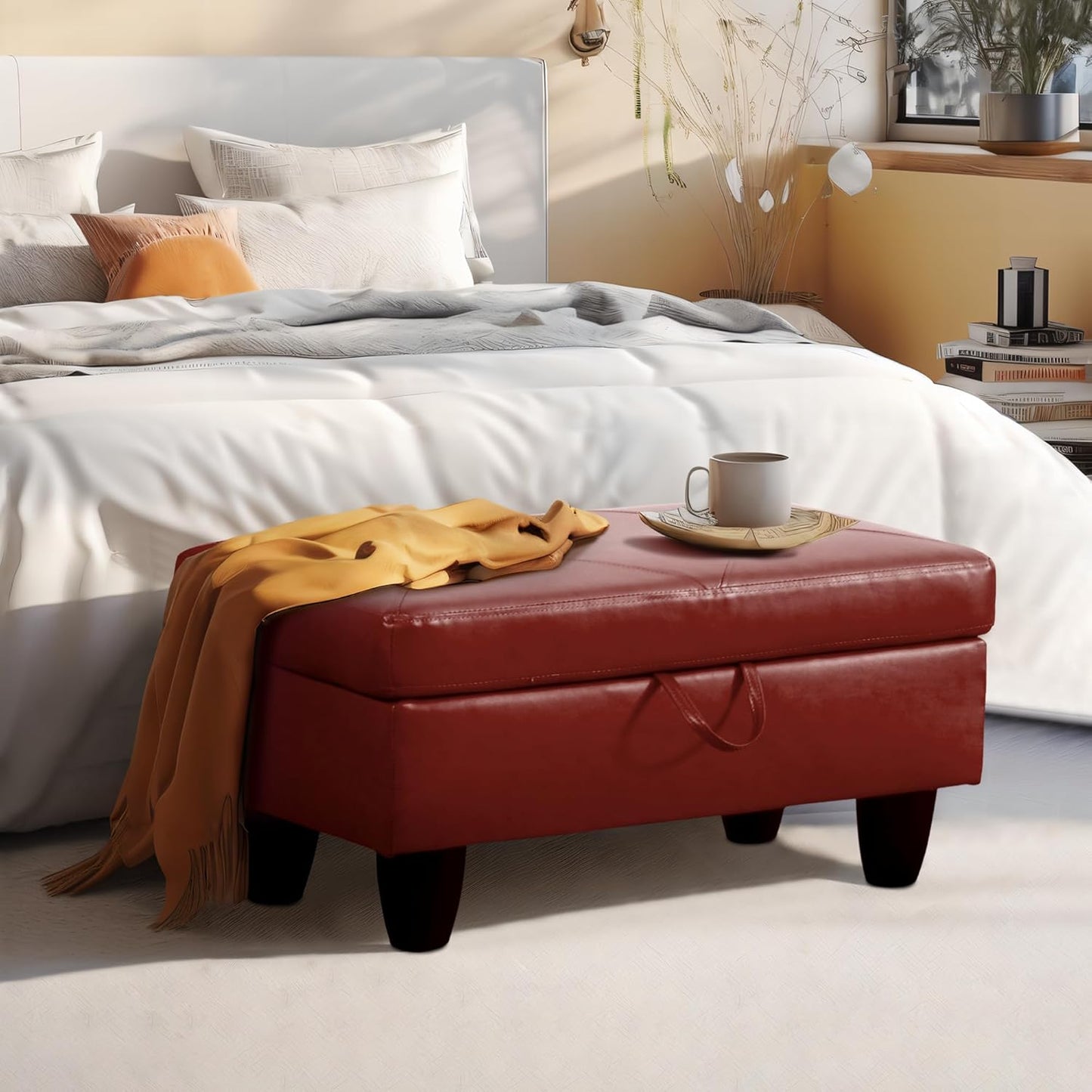 Ottoman Rectangular Storage Ottoman Bench, Faux Leather Footrest, Coffee Table, Stool Footstool with Hinged Lid for Living Room, Bedroom, Entryway, Red, 28.5"x19"x17.5"