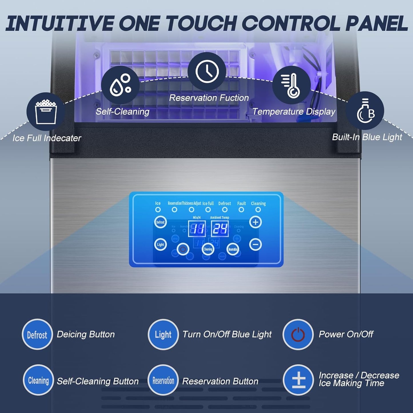 Commercial Ice Maker Machine 150LBS/24H with 50LBS Storage Bin, Stainless Steel Undercounter/Freestanding Ice Maker Machine for Home Bar Outdoor, 55PCS Ice Cubes Ice Machine, Self Cleaning