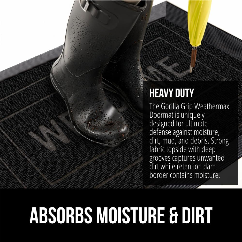 GORILLA GRIP 100% Waterproof All-Season WeatherMax Doormat, 47x35, US Designed Natural Rubber, Stain and Fade Resistant, Low Profile Indoor Outdoor Door Mats, Easy Clean Patio Mat, Black Welcome