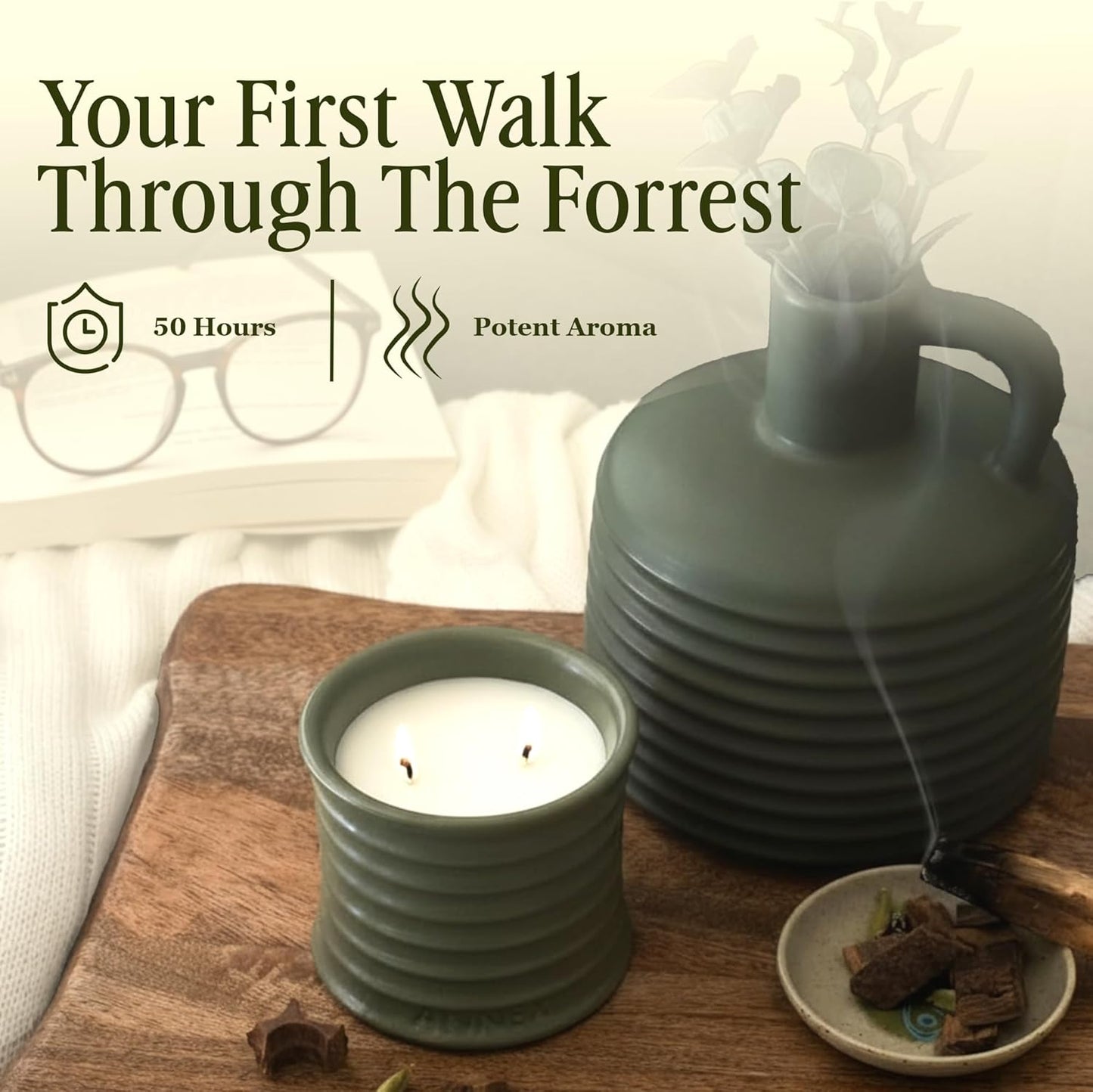 Scented Luxury Candles in Handmade Ceramic Jars, Soy Wax | Woody Wood โ Oud & Agarwood, Large Candle | Non Toxic, 2 Wicks, Reusable Big Olive Green Jar | Natural Spring Aromatherapy for Women & Men
