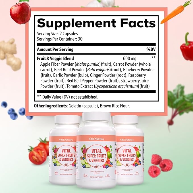 Vital Super Fruits & Veggies - Daily Superfood Capsules for Adults - Fruit & Vegetable Supplements to Boost Immunity & Energy - 2-in-1 Formula for Overall Wellness - Fruit and Vegetable Capsules
