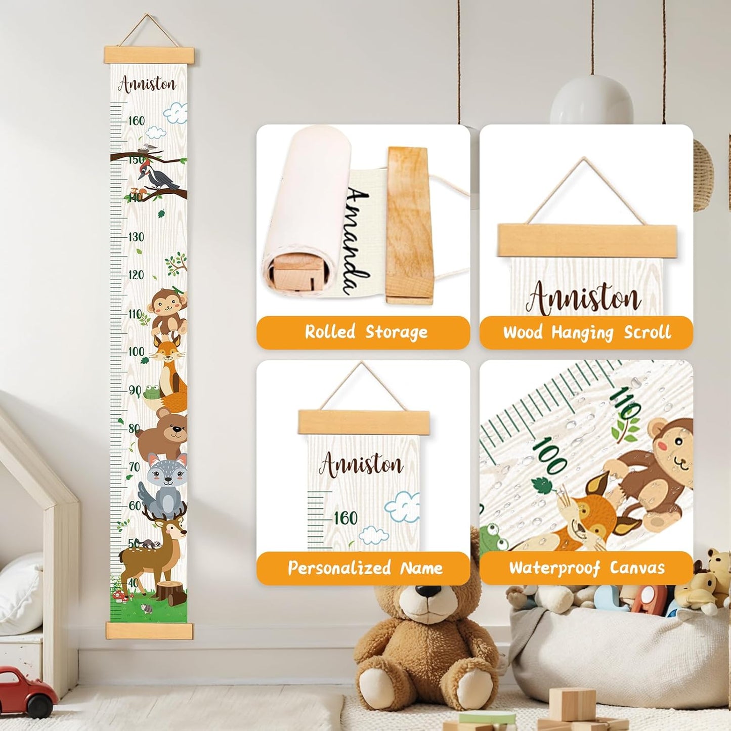 Personalized Name Growth Chart Wall Decor for Kids – Canvas Removable Height Chart Measuring Ruler 59" x 7.9" (Zoo)