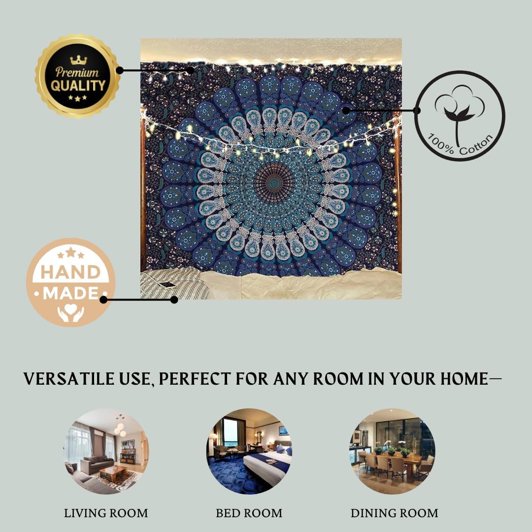 Bless International Handmade Indian hippie Bohemian Psychedelic Peacock Mandala Wall hanging College Dorm Beach Throws Table Cloth Bedding Tapestry (Golden Green, Medium(54x60Inches)(137x152cms))