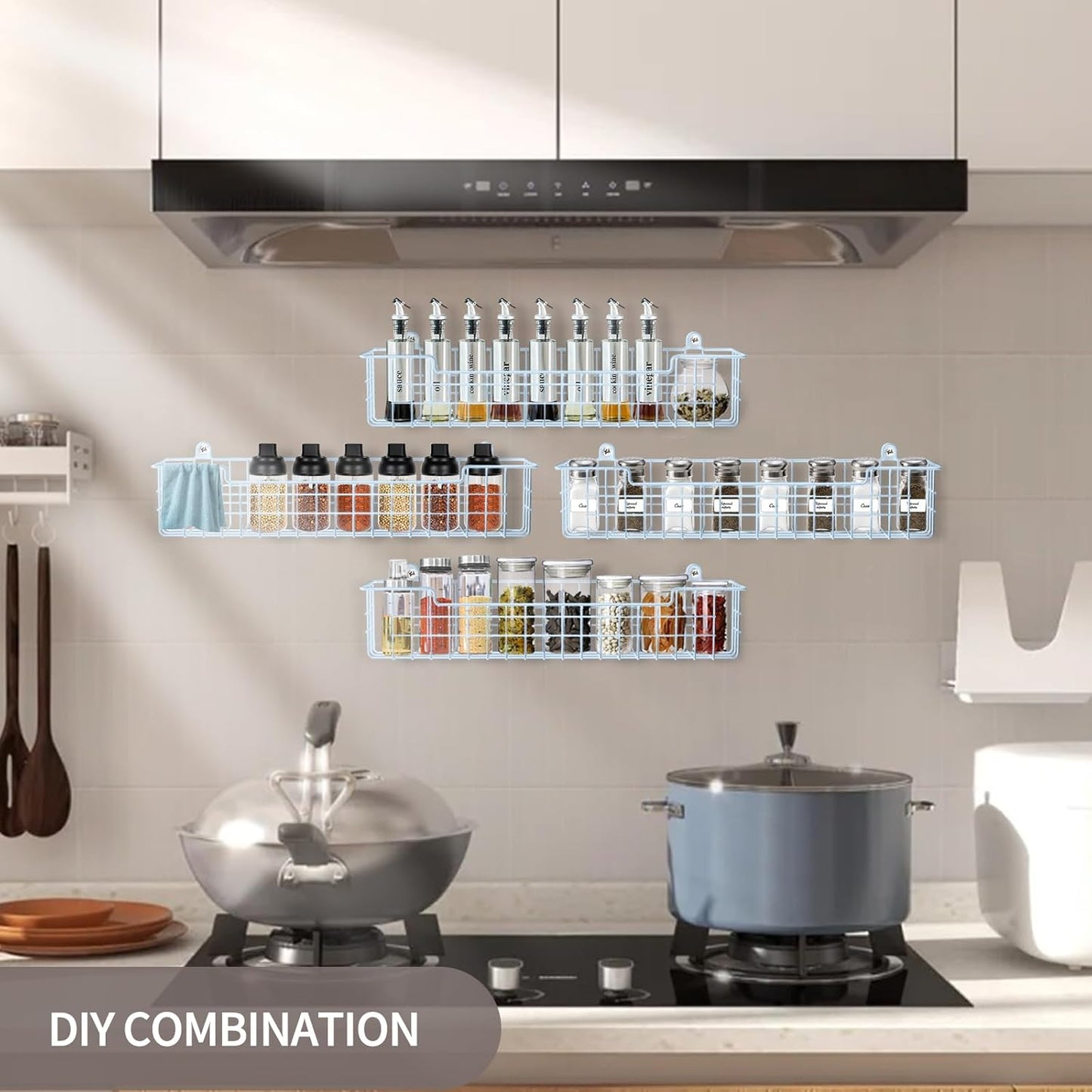 Spice Rack, 4-Pack Seasoning Organizer Wall Mount for Kitchen Storage Organization, Metal Spice Holder Shelf Saving Space for Cabinet, RV, Pantry, Blue