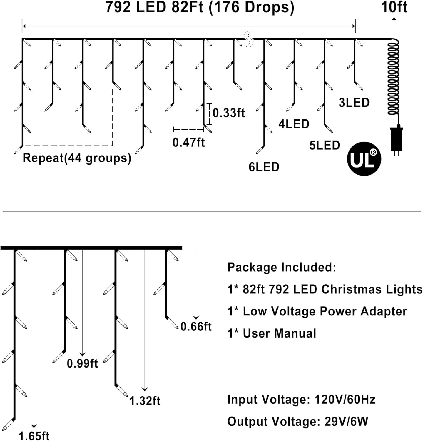 792 LED Christmas Outdoor Lights with 176 Drops, 82ft Hanging Curtain Lights 8 Modes, Christmas Fairy Lighs with Timer & Memory for House Roof Holiday Wedding Christmas Decor (Cool White)