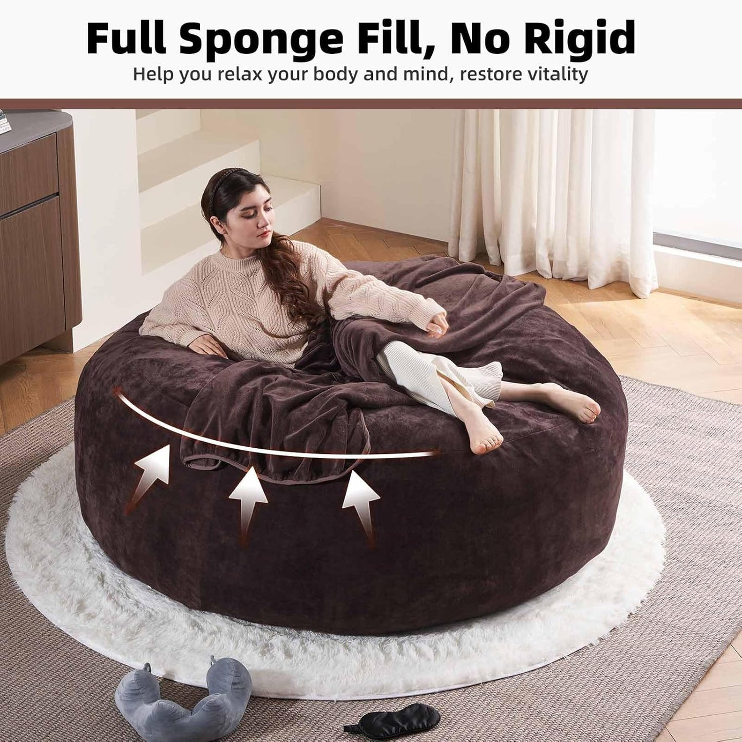 6FT,Oversized Bean Bag Chairs for Adults,Giant beanbag with Filler Included,Fluffy Memory Foam,Soft and Comfy Corduroy Fabric,Gaming Chairs Suitable for Living Room and Bedroom (Brown, 6 Foot)