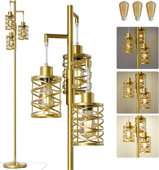 Oneach 70" Industrial Floor Lamp, Stepless Dimmable Standing Lamp with 3 Bulbs, Farmhouse Corner Standing Tree Lamp for Living Room, Tall Lamps for Bedroom, Office, Study Room, Dining Room, Gold