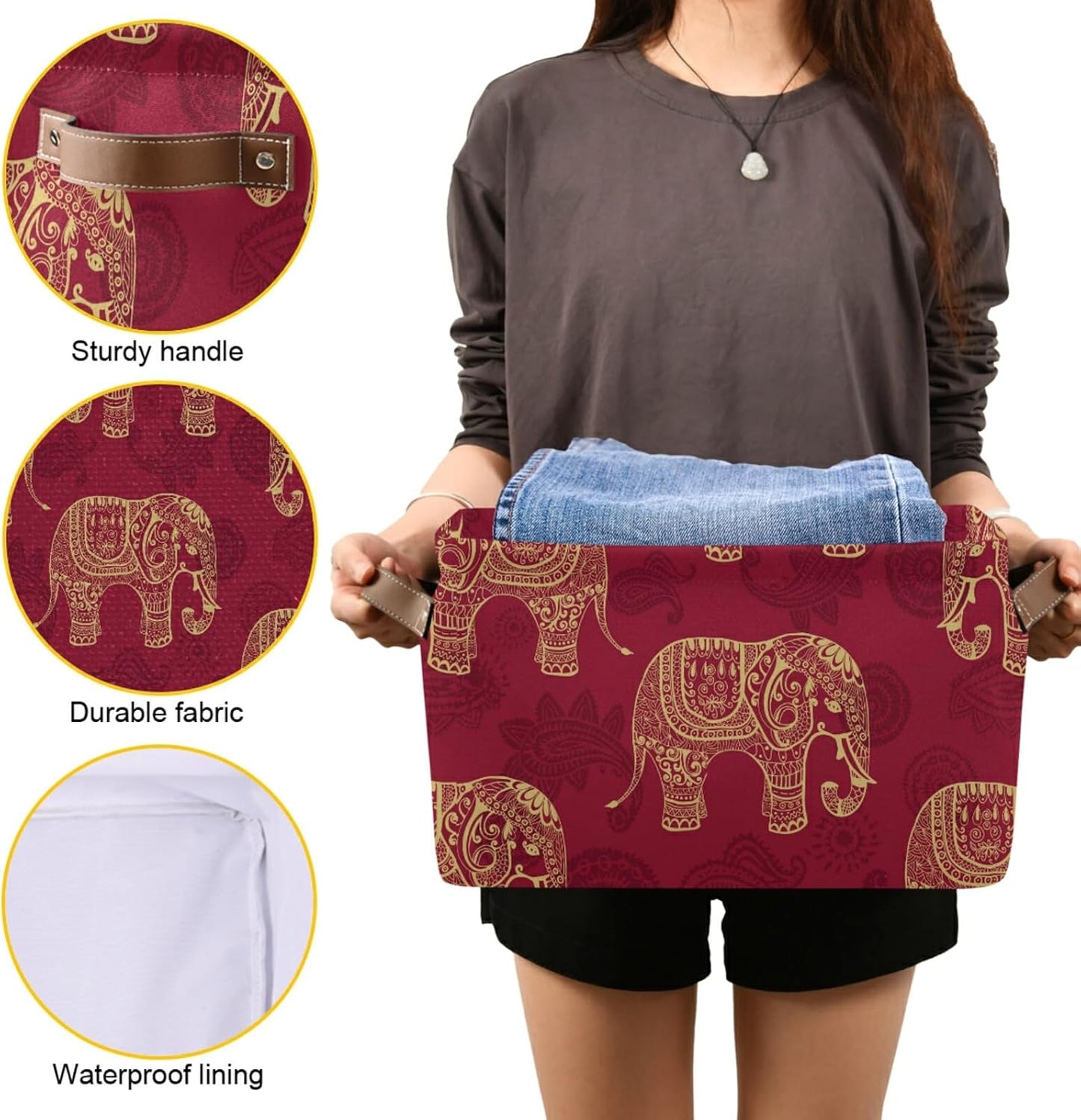 susiyo Foldable Storage Bins Large Collapsible Fabric Storage Baskets with Leather Handles Organizing Box for Shelves Home Bedroom Nursery Office 1 Pack,Indian Tribal Elephants