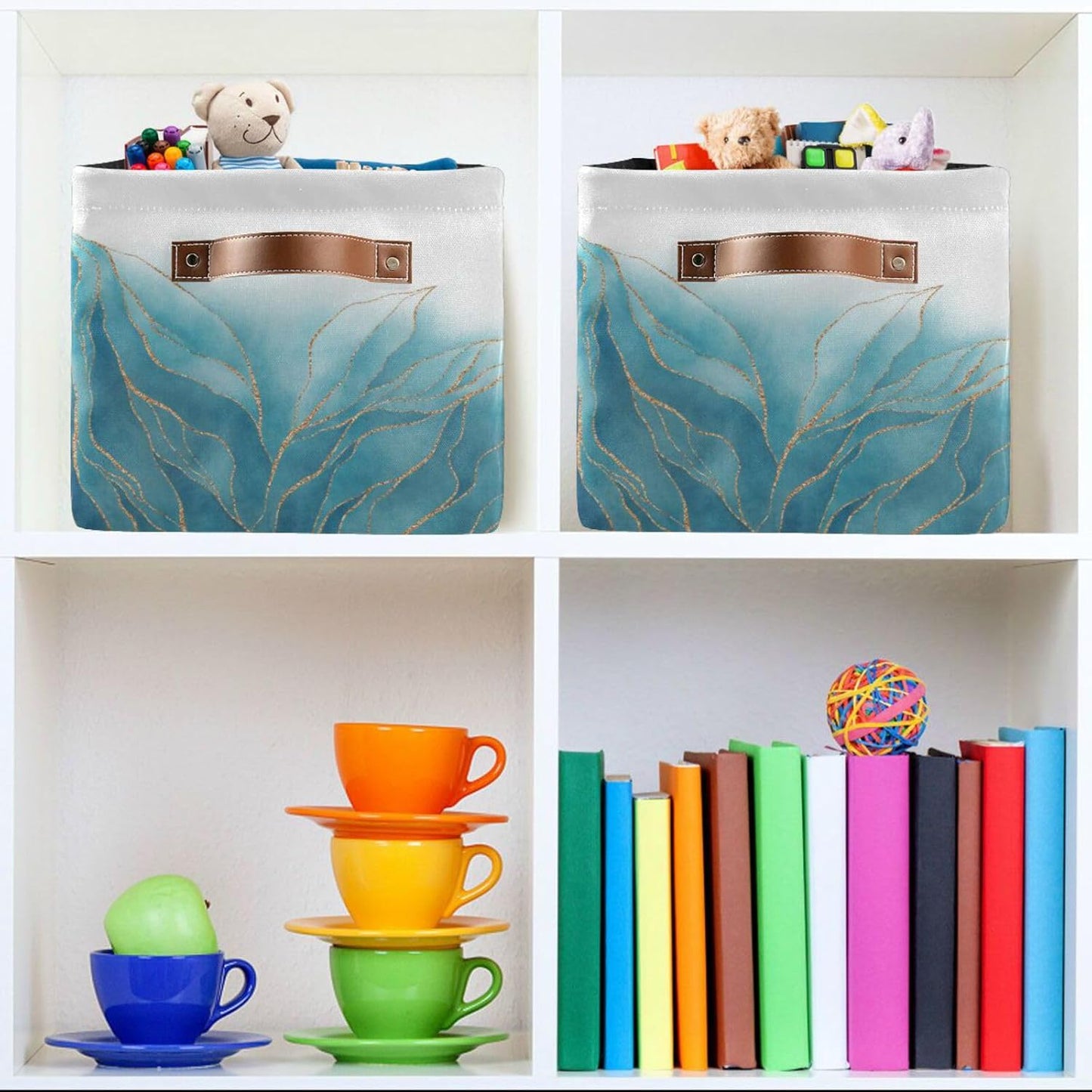 susiyo Storage Baskets for Shelves Closet Storage Bins for Organizing Shelf Nursery Toys, Decorative Linen Fabric Bins Cube with PU Handles 1 Pack,Luxury Blue Golden