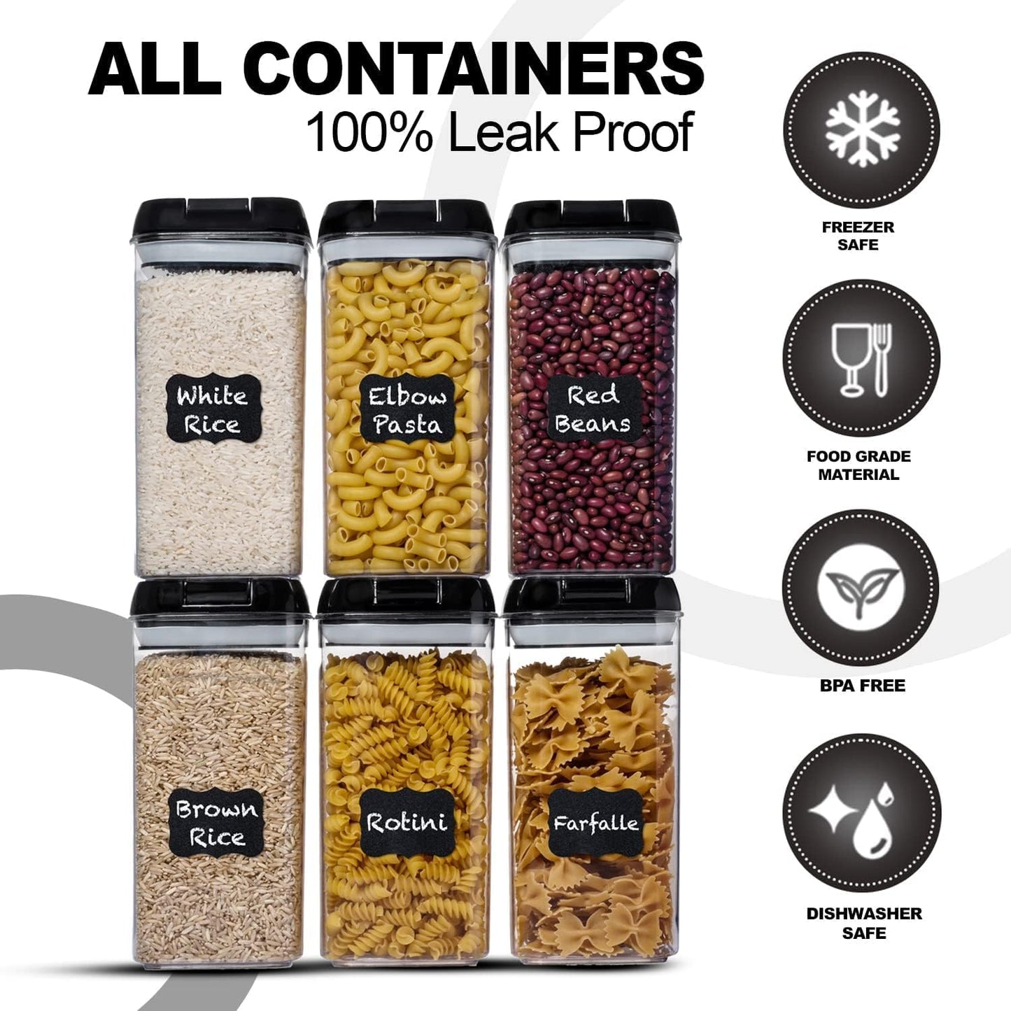Shazo Airtight Food Storage Containers with Lids - 6 PC BPA Free Clear Plastic Cereal Containers with Easy Lock Lids for Kitchen and Pantry Organization for Snacks and Pasta - 1.2 L