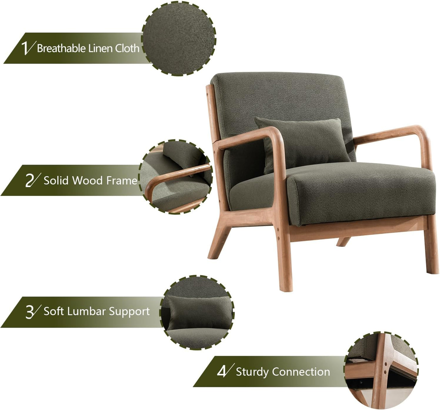 INZOY Mid-Century Modern Accent Chair Set of 2, Green Living Room Chairs with Waist Cushion, Upholstered Reading Armchair for Bedroom Sunroom