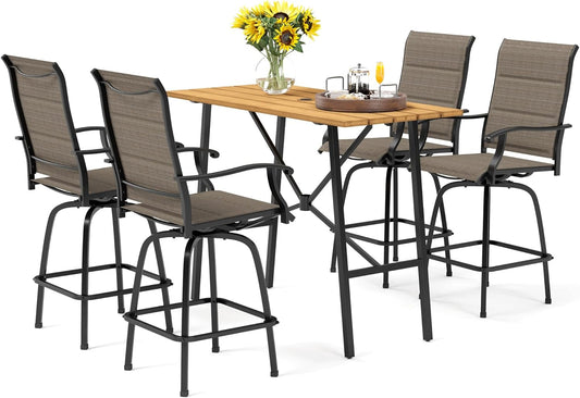 PHI VILLA 5 Piece Outdoor Bar Set, High Top Patio Dining Table and Chairs with 4 Swivel Padded Bar Stools (Brown) & Wood-Like Steel Bar Table for Deck, Garden, Poolside and Porch