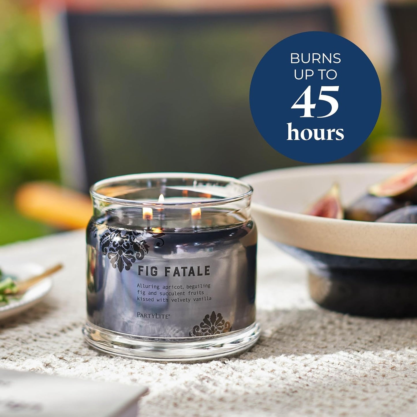 PartyLite Fig Fatale Scented, Notes of Apricot, Green Fig, Peach, Mango, Strawberry and Vanilla,13.2oz 3-Wick Jar Candle, 45 Hour Burn Time, Luxurious Fragrance, Perfect for Gifting