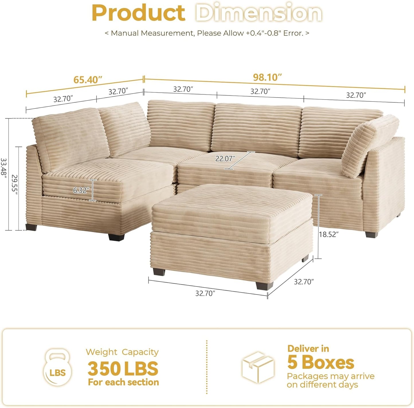 HOOOWOOO Modular Sectional Sofa,5 Pieces Sectional Couches for Living Room,98X55 L Shaped Cloud Couch with Ottoman Chaise Set(Beige Velvet Corduroy)
