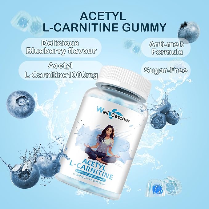 Acetyl L-Carnitine Gummies 1000 MG - Sugar Free L-Carnitine Supplement for Muscular Endurance, Brain Health, Energy Metabolism - Vegan Non-GMO - Blueberry Flavoured - 60 Counts